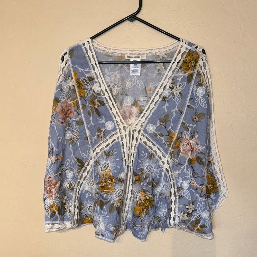 Free People Blue Graphic Embellished Blouse